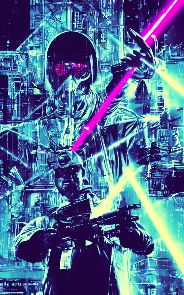 Prompt: Pope shooting bright lasers out of his head, 80s, science fiction, cyberpunk, neon, low angle shot, cross, pope, movie poster