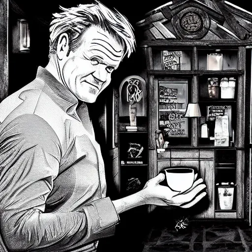 Image similar to gordon ramsey at the oak druid ’ s shrine, halftone