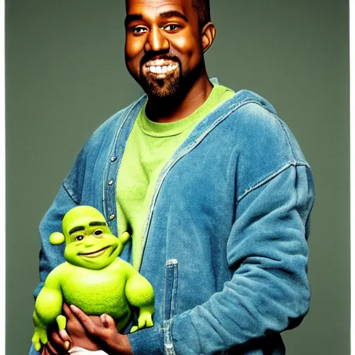 Image similar to kanye west smiling holding shrek for a 1 9 9 0 s sitcom tv show, studio photograph, portrait c 1 2. 0