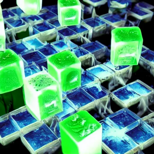 Image similar to gelatinous cubes being processed into magic items with the juice made from their bodies, d & d, industry magazine photo