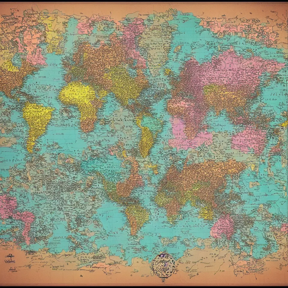 Prompt: imaginary map of different color realms, map of fantacy world, different realms, blueprint, infographic, vintage theme, on paper, with notes, highly detailed, hyper realistic