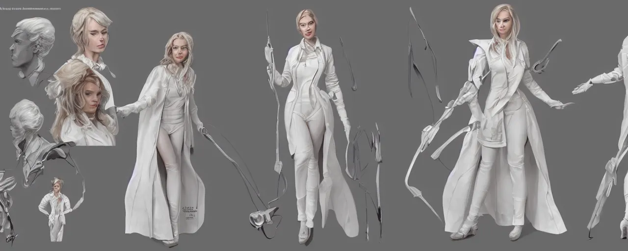 Prompt: character design, reference sheet, gaunt, a beautiful and elegant young lady like Jeniffer, doctor's white coat, concept art, photorealistic, hyperdetailed, 3d rendering , art by Leyendecker and frazetta,