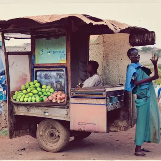 Image similar to old polaroids of futuristic african bus stops with informal sellers and digital screens, women selling fruit, autonomous african busses