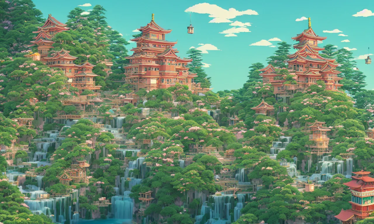 Prompt: STUDIO GHIBLI, flowery Wes Anderson style castle, Japanese lanterns, waterfalls, Bookshops, chairlifts, in an eco city, solar, green technology, optimist future by Asher Durand. intricate artwork by Tooth Wu and wlop and beeple and dan mumford and greg rutkowski and nekroxiii. halo. octane render, cinematic, hyper realism, octane render, 8k, depth of field, bokeh. iridescent accents. vibrant.