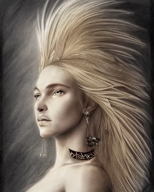 Image similar to pencil drawing of beautiful greek goddess aphrodite with arrowhead earrings and beautiful feather jewelry, beautiful piercing eyes, beautiful blonde hair flying in the wind, hyper realistic face, in the style of greg rutkowski, fantasy, amazing detail, epic, elegant, smooth, sharp focus, from the front