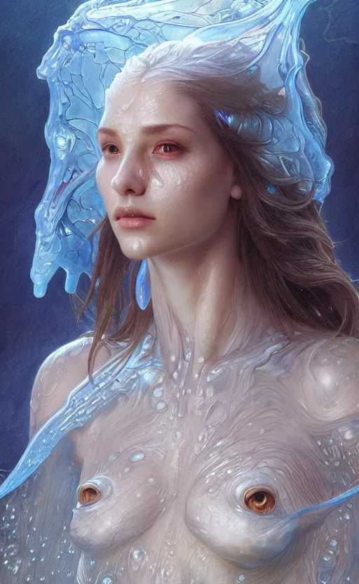 Prompt: portrait of a water creature, a humanoid with translucent skin, made of pure water, concept art, deep focus, fantasy, intricate, highly detailed, digital painting, artstation, matte, sharp focus, illustration, art by artgerm and greg rutkowski and alphonse mucha