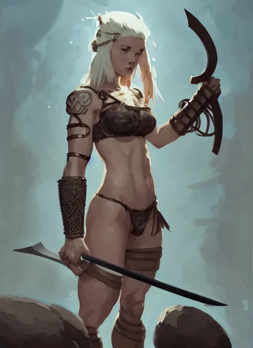 Image similar to portrait of cute muscular warrior girl cowered in celtic tattoos, dressed in armor bikini, holding a sword, dark fantasy, by atey ghailan, by greg rutkowski, by greg tocchini, by james gilleard, by joe gb fenton, by kaethe butcher, dynamic lighting, gradient light blue, brown, blonde cream and white color in scheme, grunge aesthetic