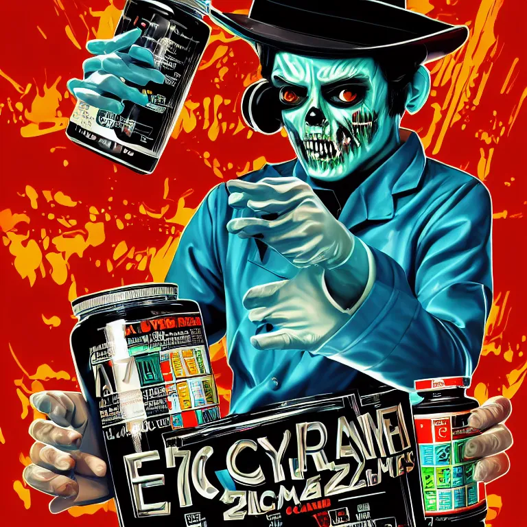 Prompt: hyperdetailed cyber fun 70's poster painting in a color style of 70's black poster art of an a crazy pharmacist zombie holding a giant jar of pills, epic scale ultrawide angle, 3D rendered, Vray rendered, octane render, unreal engine