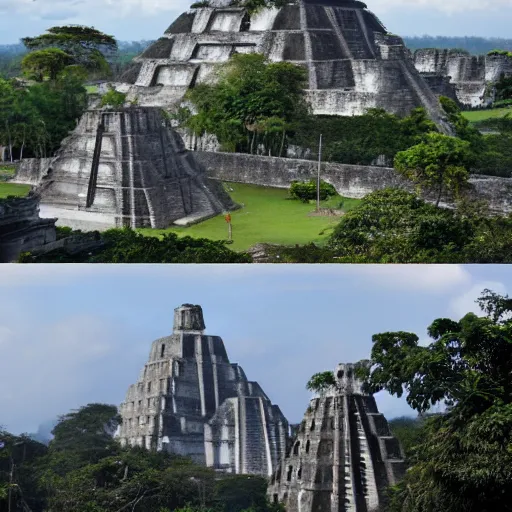 Image similar to a photo of cyberpunk city of tikal in guatemala with futuristic architecture and futuristic mayan aesthetic