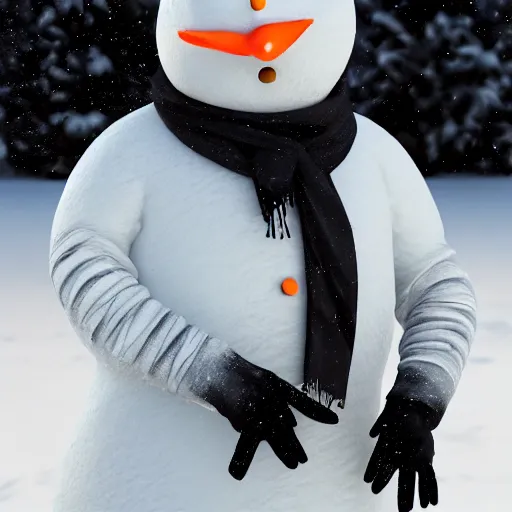 Image similar to a highly detailed humanoid snowman in business suit with black eyes and mouth, no nose, hyperrealism, professional, octane render, full length, digital art