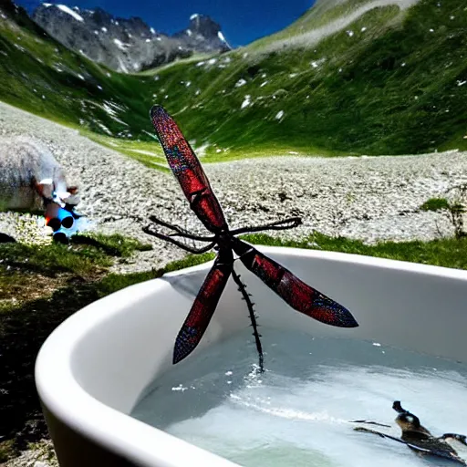 Image similar to dragonfly in a bathtub in the alps, goats!!!!!!!! in background