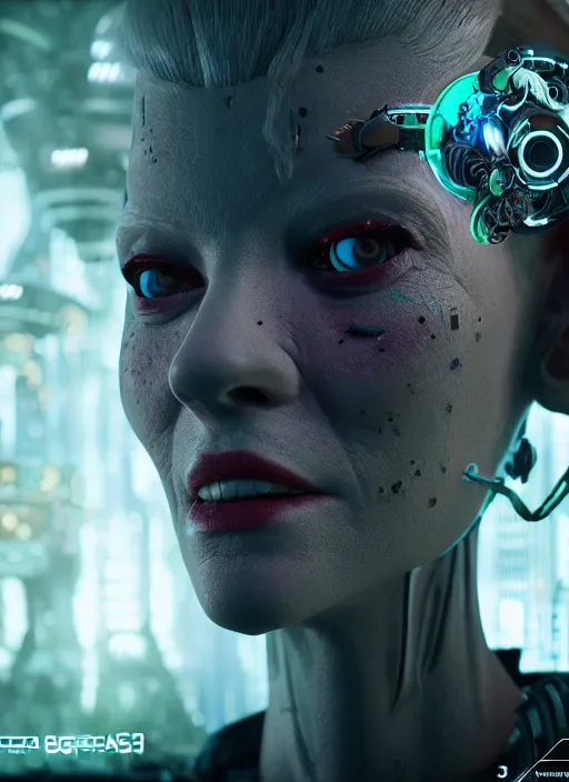 Image similar to 35mm portrait of a 7 of 9 borg with face implants on the background of a weird magical mechanical forest. Round gears visible inside her hear. Very detailed 8k. Fantasy cyberpunk horror. Sharp. Unreal 5 render with nanite, global illumination and path tracing. Cinematic post-processing