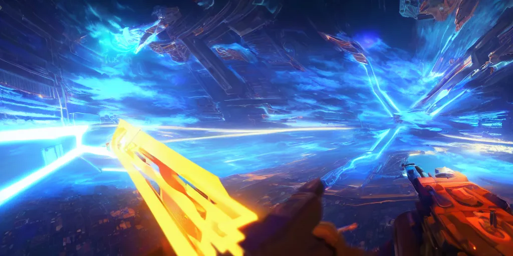 Image similar to screenshot of the videogame tempest, vector, axure sky, neon glow, lens flare, 8 k