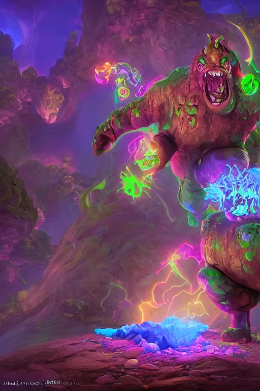 Image similar to arcane fantasy art giant golem elemental wood rock bastion forged gemstone enchanted forest troll, global illumination ray tracing hdr fanart arstation by sung choi and eric pfeiffer and gabriel garza and casper konefal lisa frank zbrush central hardmesh radiating a glowing aura