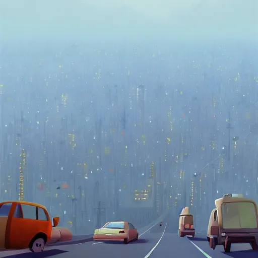 Image similar to goro fujita ilustration on the left you can see the big city, on the right you can see the forest there is a highway halfway full of cars leaving the city, painting by goro fujita, sharp focus, highly detailed, artstation