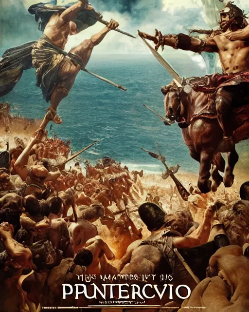 Image similar to Movie poster of the Punic Wars, Highly Detailed, Dramatic, A master piece of storytelling, wide angle, cinematic shot, highly detailed, cinematic lighting, by frank frazetta + ilya repin , 8k, hd, high resolution print