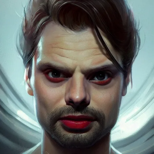 Image similar to flan pudding face sebastian stan as a sentient flan pudding, sebastian stan flan face face spliced with ( ( wibbly wobbly flan pudding facd ) ) ) hybrid humanoid by greg rutkowski