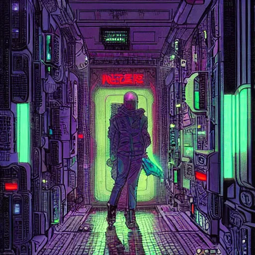 Prompt: Neuromancer cyberpunk cover in Moebius style, energetic