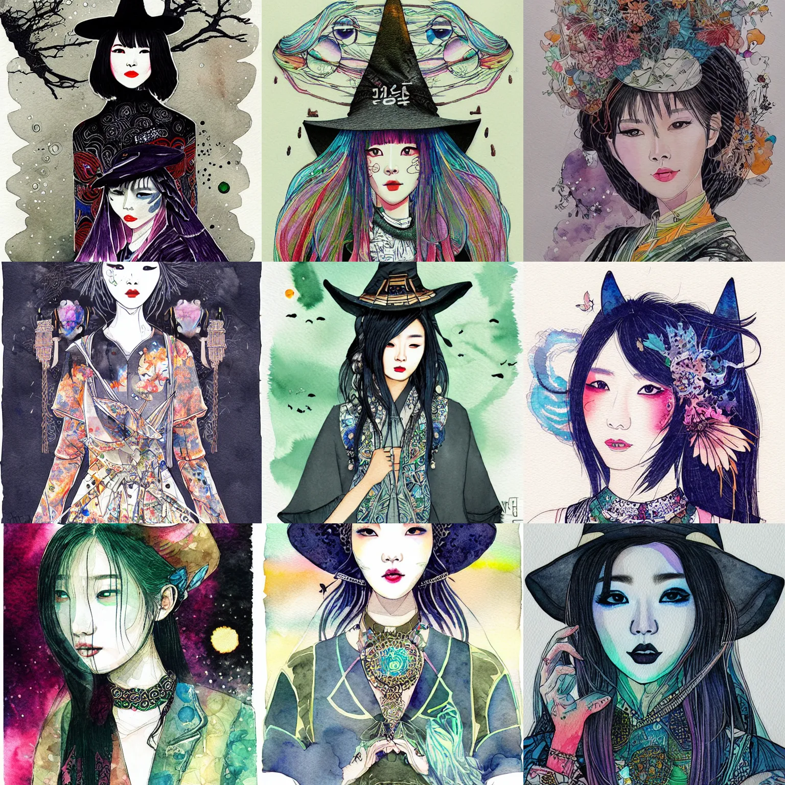 Prompt: korean women's fashion witch, intricate watercolor solarpunk portrait by tim doyle