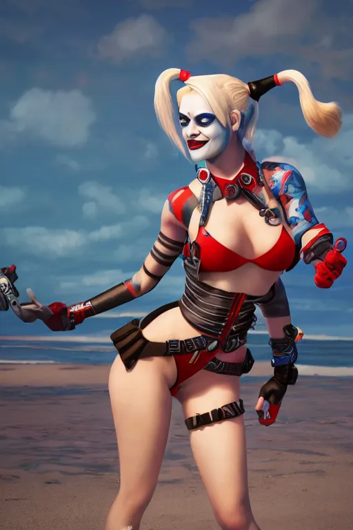 Prompt: harley quinn at the beach, hyper detailed, digital art, trending in artstation, cinematic lighting, studio quality, smooth render, unreal engine 5 rendered, octane rendered