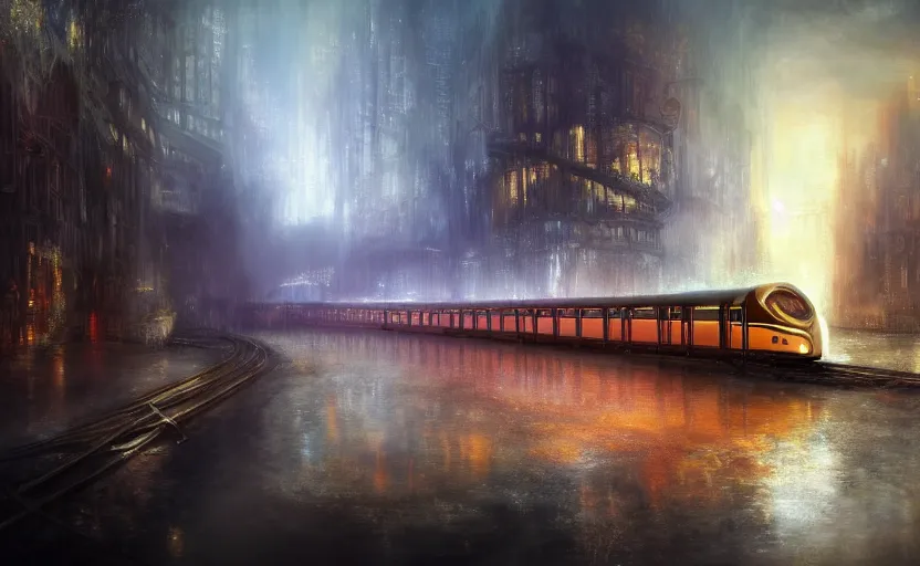 Image similar to an urban train rides inside of a waterway on a fantasy city. by artstation trending, by joseph mallord william turner, luis royo, konstantin razumov, cinematic lighting, fractal flame, highly detailed