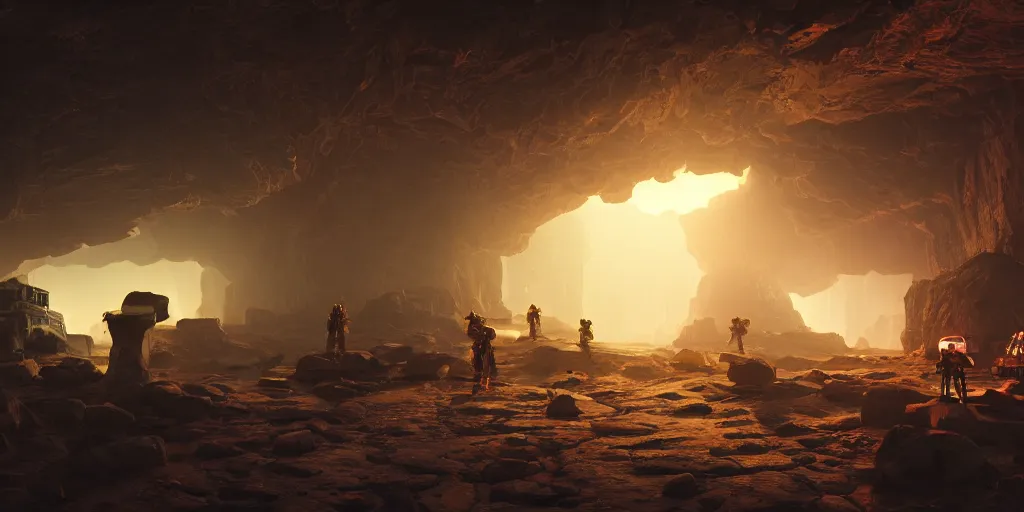 Prompt: mechanoids mining resources in a cyberpunk cave with minimal lighting in the style of thomas cole, cinematic lighting, raytracing, 8 k, octane render, volumetric, vivid, beautiful, hyperrealism