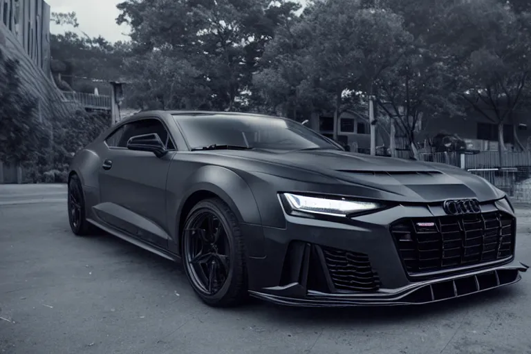 Image similar to widebody all black audi camaro b 9 ( 2 0 2 0 ), need for speed : carbon, at night, sci - fi, neon lines, phonk music background, smoke behind wheels, noise, dark, establishing shot, by simon stalenhag