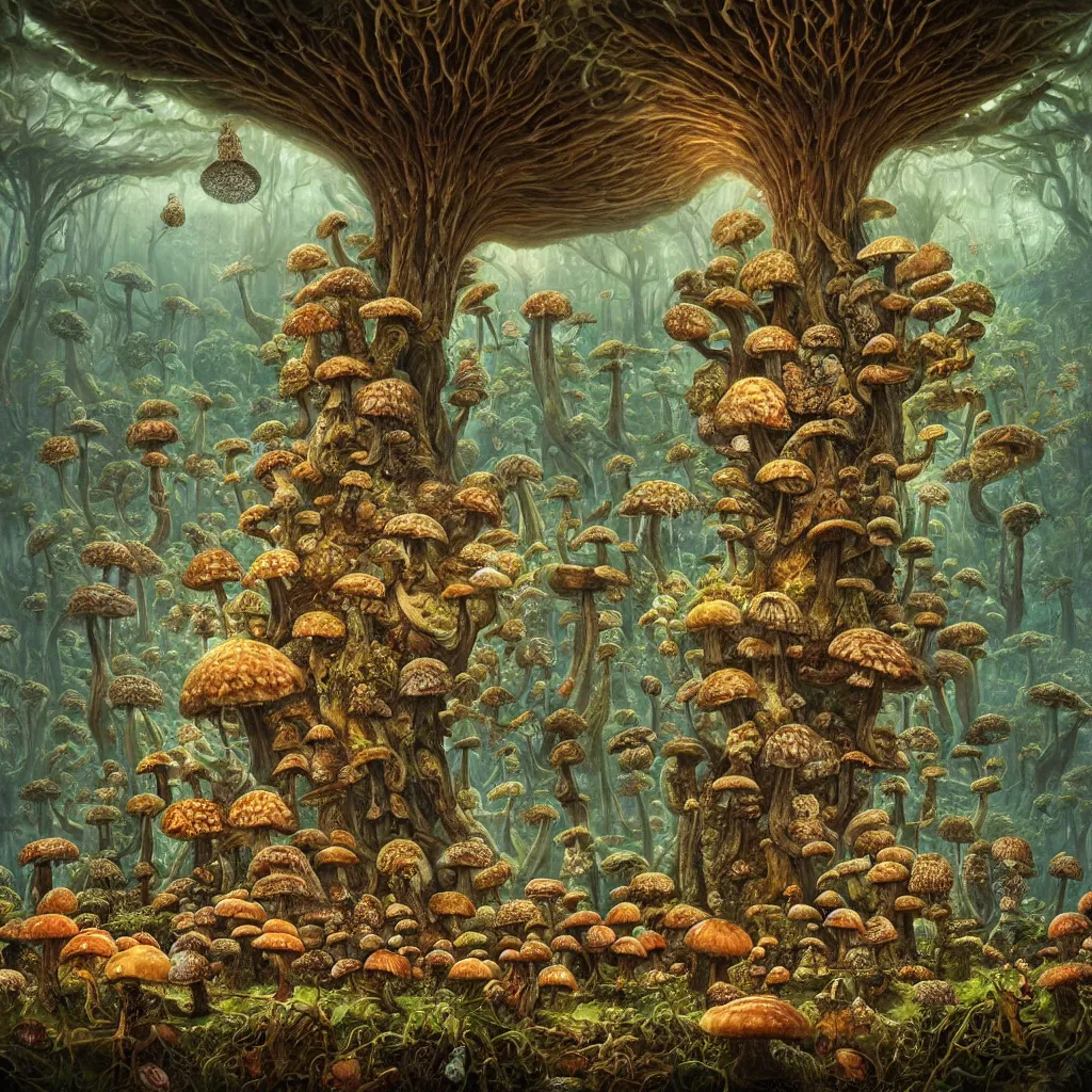 Image similar to the big mushroom, a beautiful hyper realistic detailed concept art of a fractal eldritch and fascinating mushroom forest with morels at foreground and amanitas and puffballs and psilocybes and reishi and spores on several floors by andreas rocha and john howe and dan mumford and albert bierstadt, nausicaa, ultrawide angle, artstation, pinterest