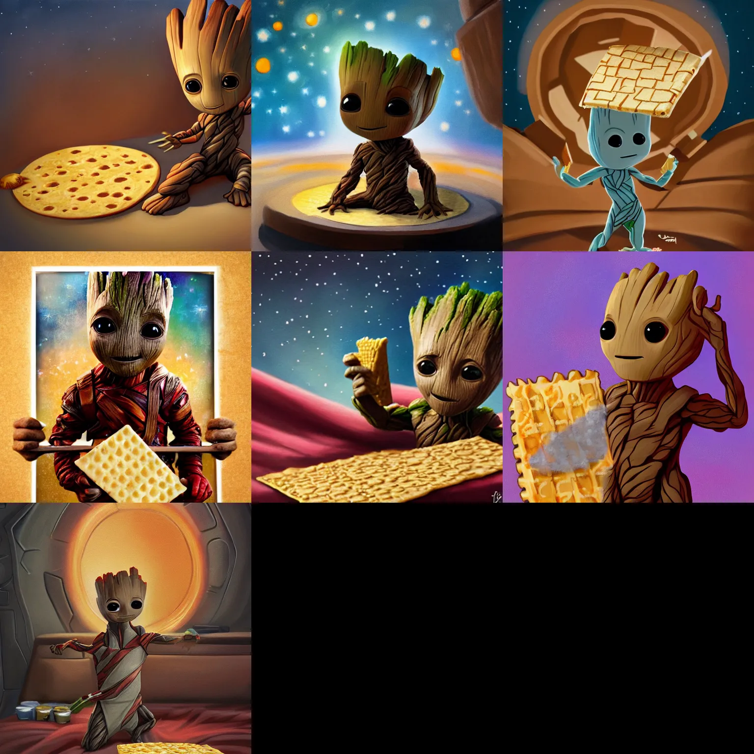 Prompt: Painting of Baby Groot finding a large piece of matzah under a pillow, trending on artstation