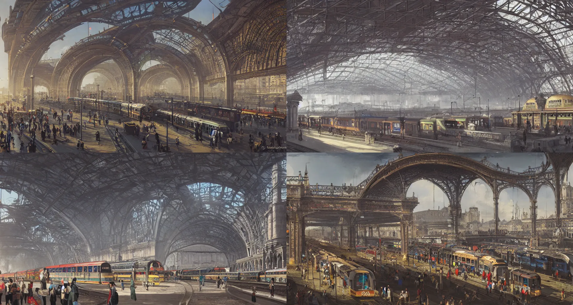 Prompt: Victoria Terminus railway station in the futuristic city of Mumbai in year 2150, by Canaletto, trending on ArtStation, masterpiece