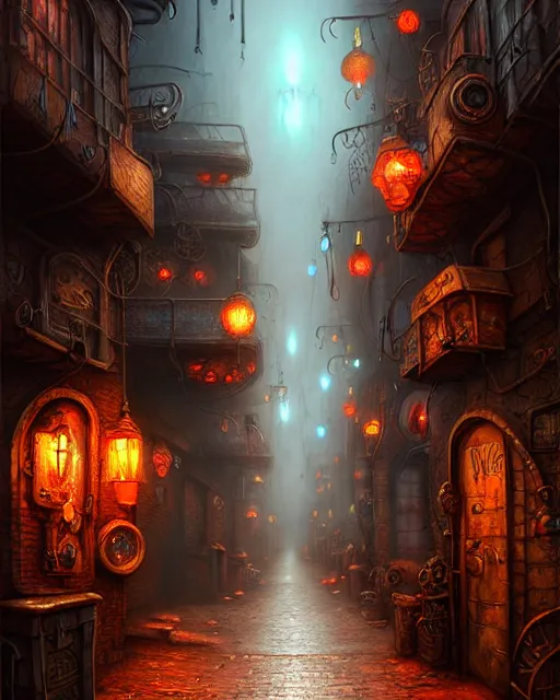 Prompt: street view of an otherworldly alley in the planescape city named sigil, crowded, beautiful digital painting in the style of wlop, volumetric lightning, intricate details, ultra realistic, by art germ, by gerard brom, steampunk, fantasypunk, deep colors, amazing d & d art, trending cgsociety, artstation, sharp