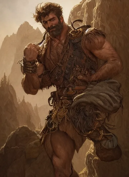 Image similar to portrait of a ruggedly handsome ranger, hands details, muscular, full body, leather, hairy, d & d, fantasy, intricate, elegant, highly detailed, digital painting, artstation, concept art, smooth, sharp focus, illustration, art by artgerm and greg rutkowski and alphonse mucha