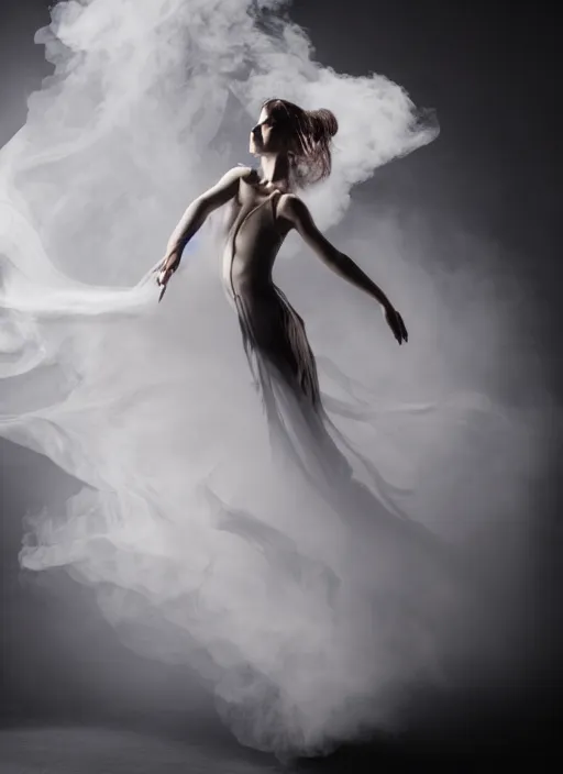 Image similar to a Photorealistic dramatic hyperrealistic render of a glamorous beautiful Female smoke dancer by Ken Brower and Deborah Ory of NYC Dance project,Lois Greenfield,Flowing cloth and smoke,Beautiful dynamic dramatic dark moody lighting,volumetric,shadows,cinematic atmosphere,Octane render,8K