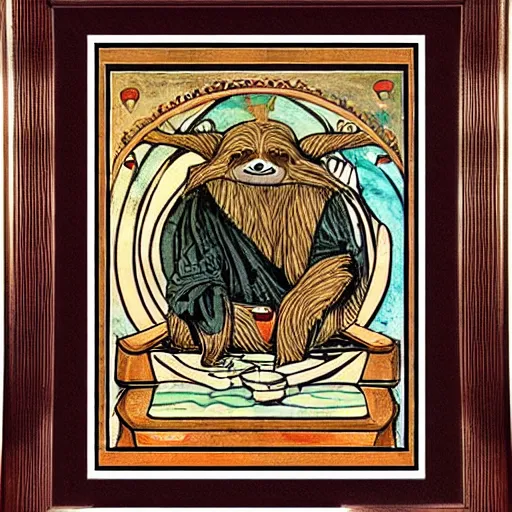 Prompt: sloth as the king of cups, copper cup, copper crown, poster framed, intricate details, medieval art style, high contrast, solarized