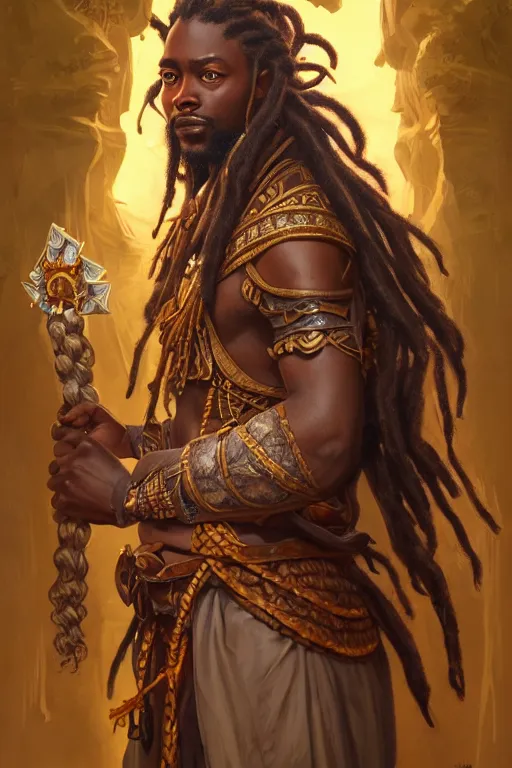 Image similar to photography of african king with dreadlocks, deep focus, d & d, fantasy, intricate, elegant, highly detailed, digital painting, artstation, concept art, matte, sharp focus, illustration, hearthstone, art by artgerm and greg rutkowski and alphonse mucha