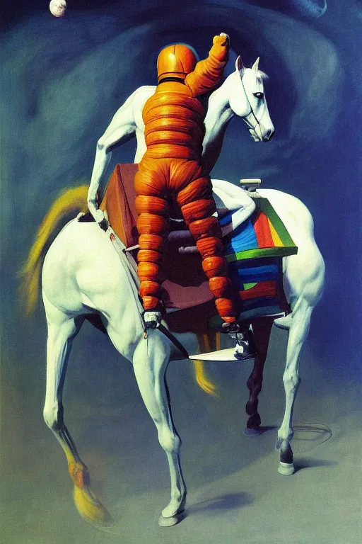 Prompt: astronaut carrying a horse on his shoulders, hauntingly surreal, highly detailed painting by francis bacon, edward hopper, adrian ghenie, gerhard richter, and james jean soft light 4 k,