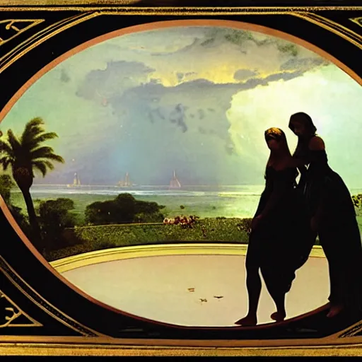 Image similar to Silhouette of two girl at the palace, thunderstorm, greek pool, beach and palm trees on the background major arcana sky, by paul delaroche, alphonse mucha and arnold böcklin arnold böcklin hyperrealistic 8k, very detailed