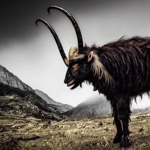 Image similar to horror photography, cinematic, daytime, wide shot, mutant goat monster with a mouth crammed full of sharp teeth, filthy matted fur and mountain goat horns, village square