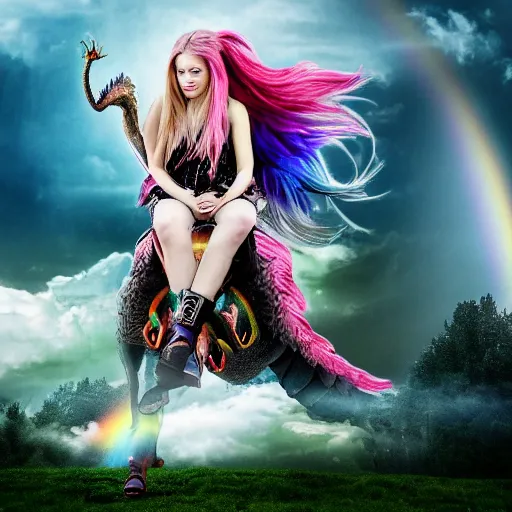 Prompt: photograph of avril lavigne riding a dragon through the clouds with rainbows and unicorns, high medieval fantasy, full color digital art, cinematic shot, portrait, wide shot.