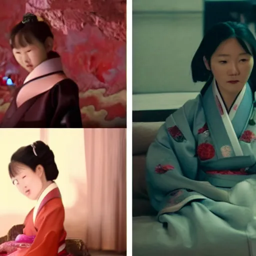 Prompt: woman in hanbok sitting on a couch, starfish monster's shadow is seen behind her, korean interior, cinematography by denis villeneuve and akira kurosawa and ishiro honda