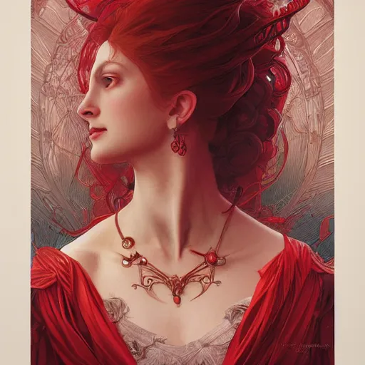 Prompt: portrait of red queen, intricate, elegant, highly detailed, digital painting, artstation, concept art, smooth, sharp focus, illustration, art by artgerm and greg rutkowski and alphonse mucha and william - adolphe bouguereau