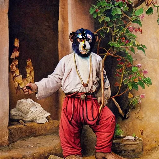 Image similar to beautiful painting by sophie anderson of a chimpanzee wearing traditional men kurdish clothes baggy pants and white shirt with a large sash tied around the waist in a kurdish village, award winning art, insanely detailed, bright colors, global illumination, cute, young, stunning