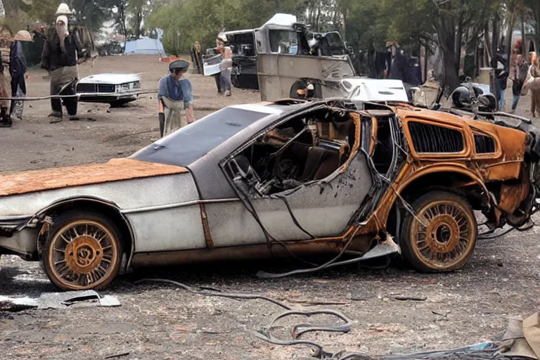 Prompt: rusty, derelict 1 9 2 2 delorean being dragged by a tow truck