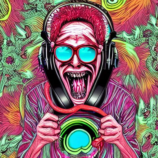 Image similar to artgerm, psychedelic laughing cronenberg friendly looking horror creature, horror film, rocking out, headphones dj rave, digital artwork, r. crumb, svg vector