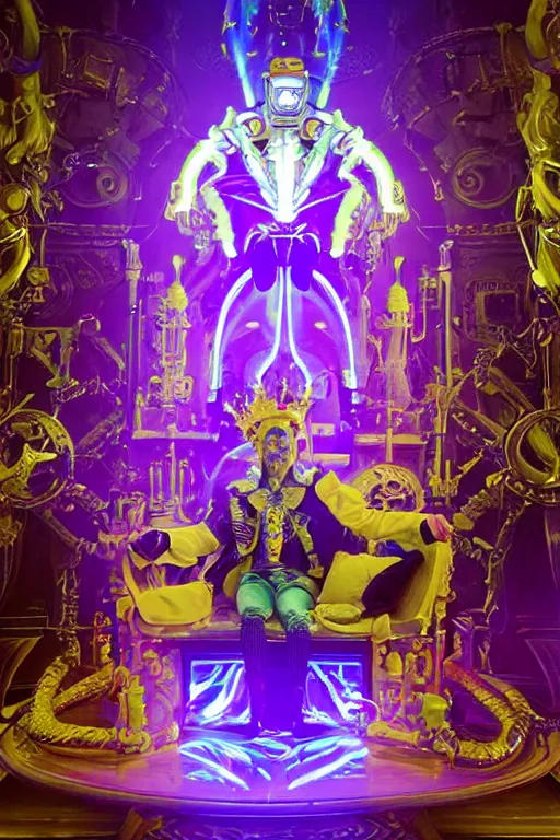 Prompt: full-body baroque and bladerunner style yellow neon statue of a young attractive Spanish male macho dotado android thrusting sim roupa con piroca dura, glowing white face, prince crown of green steampunk lasers, emeralds, swirling white silk fabric. futuristic elements. prismatic liquid rainbow light, full-length view. space robots. human skulls. throne made of bones, intricate artwork by caravaggio. Trending on artstation, octane render, cinematic lighting from the right, hyper realism, octane render, 8k, depth of field, 3D
