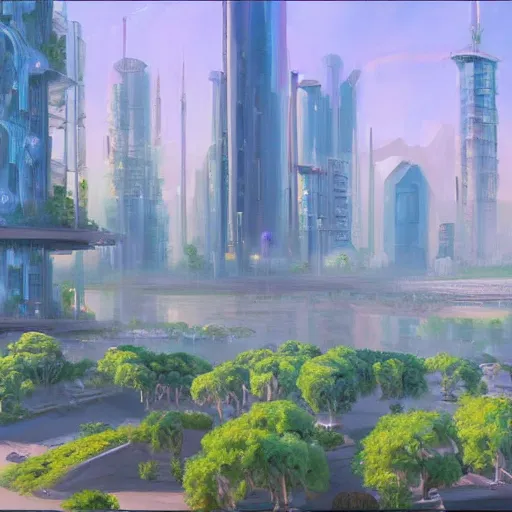 Image similar to A detailed oil painting of a futuristic solarpunk city, in the style of Bob Ross