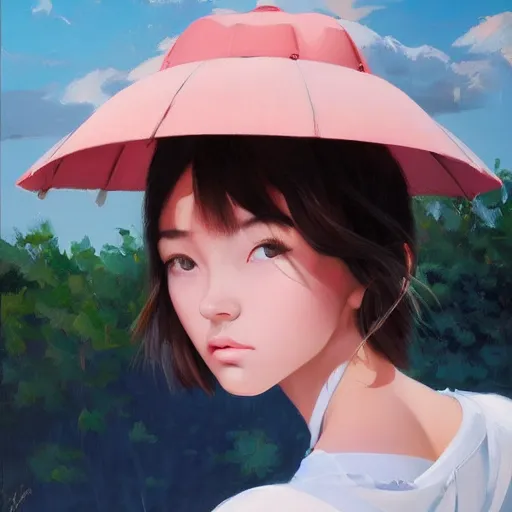 Image similar to oil painting by ilya kuvshinov,, baugh casey, rhads, coby whitmore, of a youthful japanese beauty, long hair, standing eating a pushpop outdoors by vending machines, highly detailed, breathtaking face, studio photography, dawn, intense subsurface scattering, blush, supple look, innocence, intense sunlight