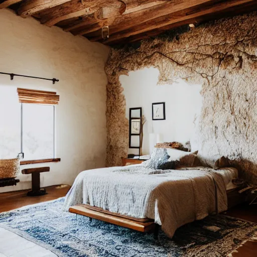 Prompt: bohemian minimalistic rustic bedroom topanga canyon photograph