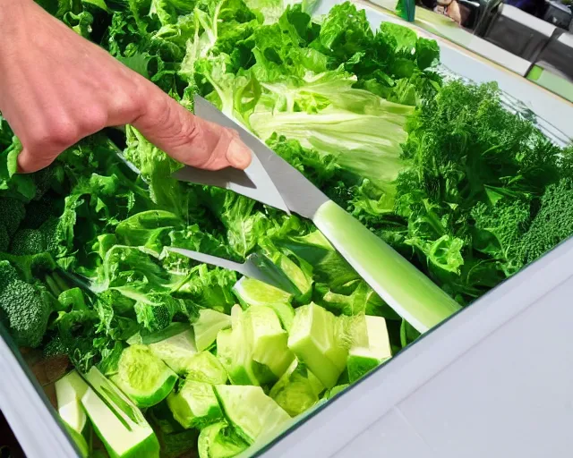 Prompt: 9 0 degrees fov, first person point of view of me cutting vegetables