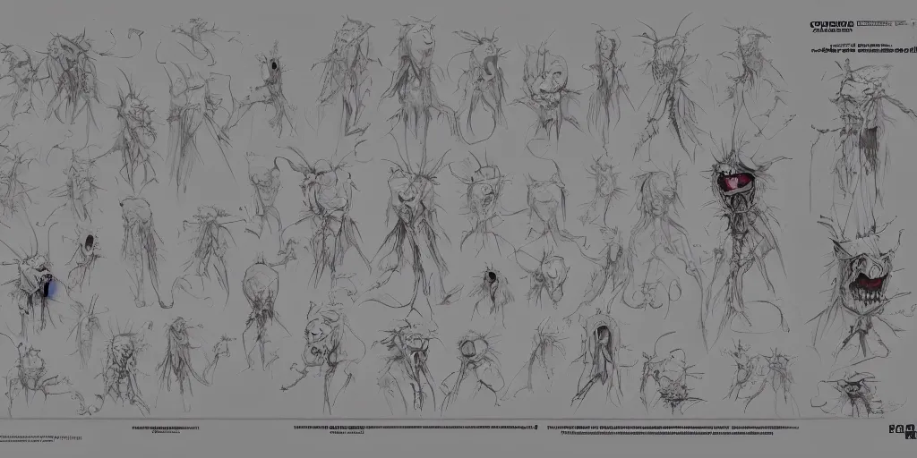 Image similar to cursed puppet design, character sheet, Moebius, Greg Rutkowski, Zabrocki, Karlkka, Jayison Devadas, Phuoc Quan, trending on Artstation, 8K, ultra wide angle, zenith view, pincushion lens effect